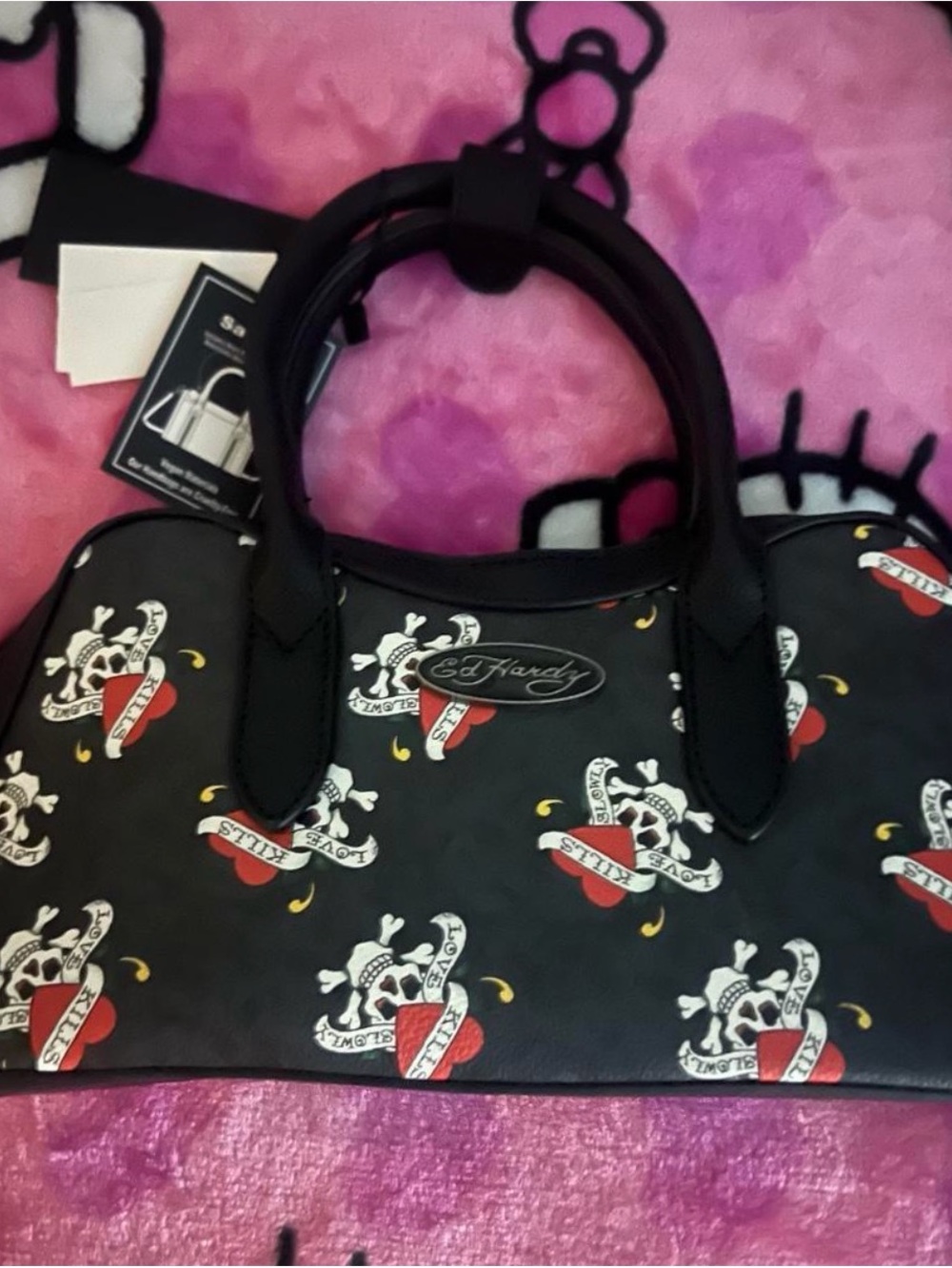 Ed Hardy Black Satchel with Red Heart & White Skull Motif